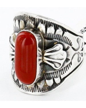 Handmade Certified Authentic Navajo .925 Sterling Silver Coral Native American Ring  17906