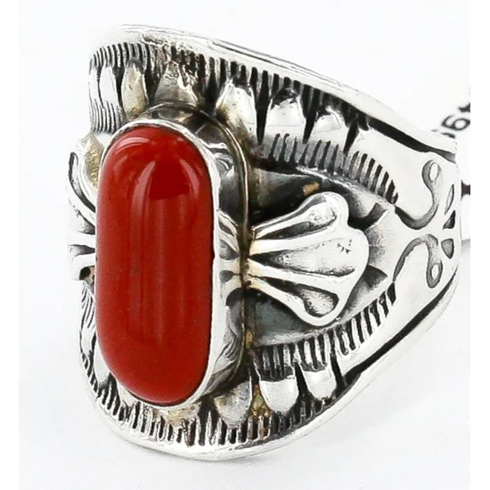 Handmade Navajo .925 Sterling Silver Coral Native American Ring 17906 Handmade Navajo .925 Sterling Silver Coral Native American Ring 17906