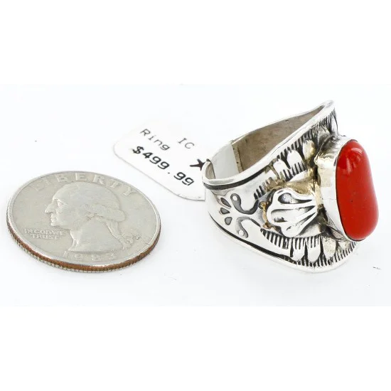 Handmade Navajo .925 Sterling Silver Coral Native American Ring 17906 Handmade Navajo .925 Sterling Silver Coral Native American Ring 17906