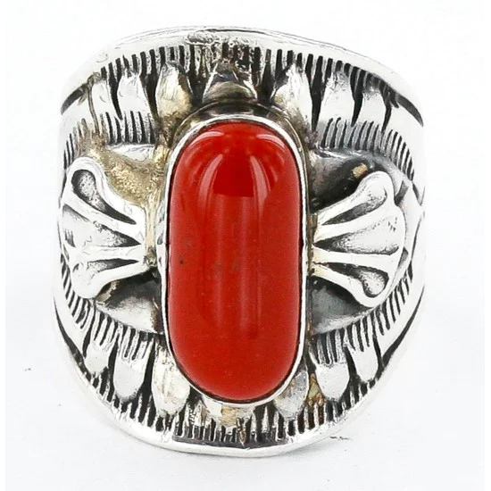 Handmade Navajo .925 Sterling Silver Coral Native American Ring 17906 Handmade Navajo .925 Sterling Silver Coral Native American Ring 17906