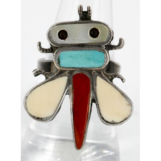 Handmade Dragonfly Certified Authentic Navajo .925 Sterling Silver Multicolor Natural Turquoise Native American Ring  16830