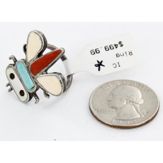 Handmade Dragonfly Certified Authentic Navajo .925 Sterling Silver Multicolor Natural Turquoise Native American Ring  16830
