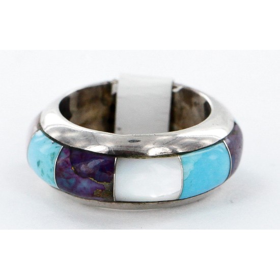 Handmade Signed Certified Authentic Navajo Inlaid .925 Sterling Silver Natural Turquoise Purple Spiny Oyster and Mother of Pearl Native American Ring  16872-0