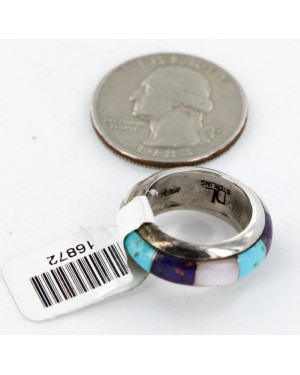 Handmade Signed Certified Authentic Navajo Inlaid .925 Sterling Silver Natural Turquoise Purple Spiny Oyster and Mother of Pearl Native American Ring  16872-0