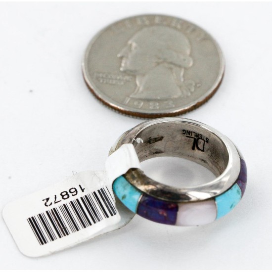 Handmade Signed Certified Authentic Navajo Inlaid .925 Sterling Silver Natural Turquoise Purple Spiny Oyster and Mother of Pearl Native American Ring  16872-0