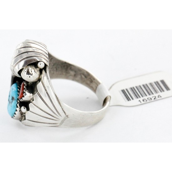 Handmade Certified Authentic Claw Signed Navajo .925 Sterling Silver Natural Turquoise and Coral Native American Ring  16924