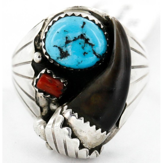 Handmade Certified Authentic Claw Signed Navajo .925 Sterling Silver Natural Turquoise and Coral Native American Ring  16924