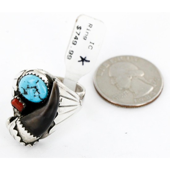 Handmade Certified Authentic Claw Signed Navajo .925 Sterling Silver Natural Turquoise and Coral Native American Ring  16924