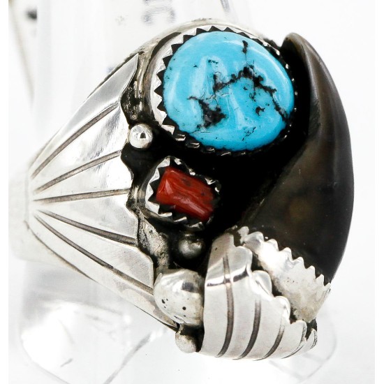 Handmade Certified Authentic Claw Signed Navajo .925 Sterling Silver Natural Turquoise and Coral Native American Ring  16924