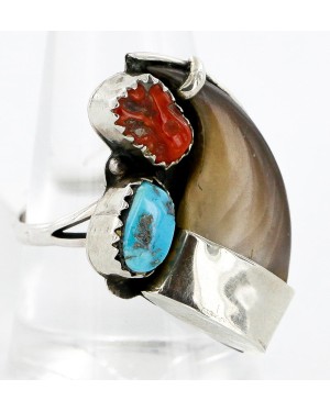 Handmade Certified Authentic Claw Signed Navajo .925 Sterling Silver Natural Turquoise and Coral Native American Ring 16925 Handmade Certified Authentic Claw Signed Navajo .925 Sterling Silver Natural Turquoise and Coral Native American Ring 16925