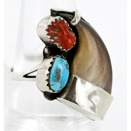 Handmade Certified Authentic Claw Signed Navajo .925 Sterling Silver Natural Turquoise and Coral Native American Ring 16925 Handmade Certified Authentic Claw Signed Navajo .925 Sterling Silver Natural Turquoise and Coral Native American Ring 16925