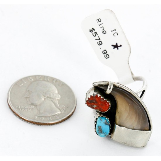 Handmade Certified Authentic Claw Signed Navajo .925 Sterling Silver Natural Turquoise and Coral Native American Ring 16925 Handmade Certified Authentic Claw Signed Navajo .925 Sterling Silver Natural Turquoise and Coral Native American Ring 16925