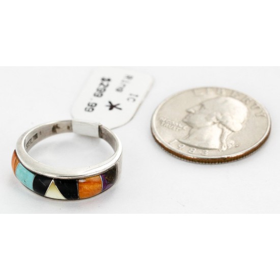 Handmade Certified Authentic Navajo Inlaid .925 Sterling Silver Natural Turquoise Black Onyx Spiny Oyster and Mother of Pearl Native American Ring  16784