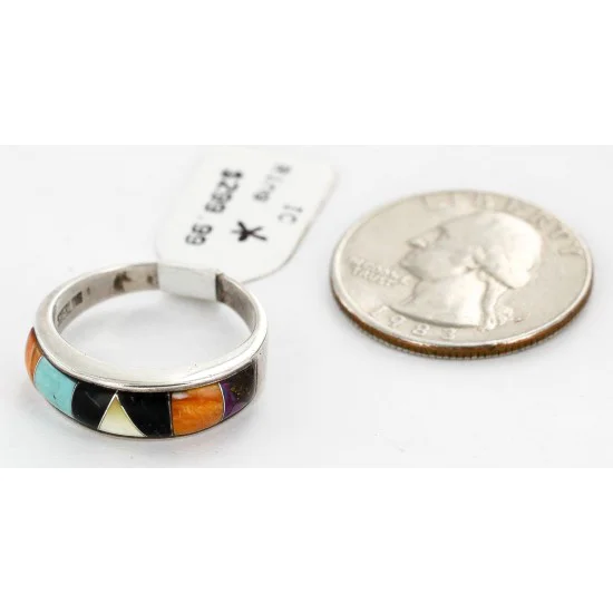 Handmade Navajo Inlaid .925 Sterling Silver Natural Turquoise Black Onyx Spiny Oyster and Mother of Pearl Native American Ring 16784 Handmade Navajo Inlaid .925 Sterling Silver Natural Turquoise Black Onyx Spiny Oyster and Mother of Pearl Native American Ring 16784