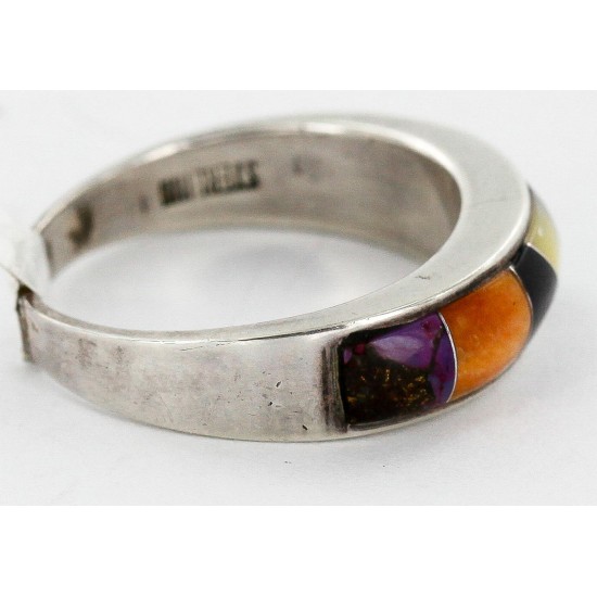 Handmade Certified Authentic Navajo Inlaid .925 Sterling Silver Natural Turquoise Black Onyx Spiny Oyster and Mother of Pearl Native American Ring  16784
