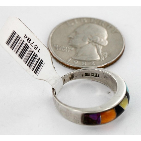 Handmade Certified Authentic Navajo Inlaid .925 Sterling Silver Natural Turquoise Black Onyx Spiny Oyster and Mother of Pearl Native American Ring  16784