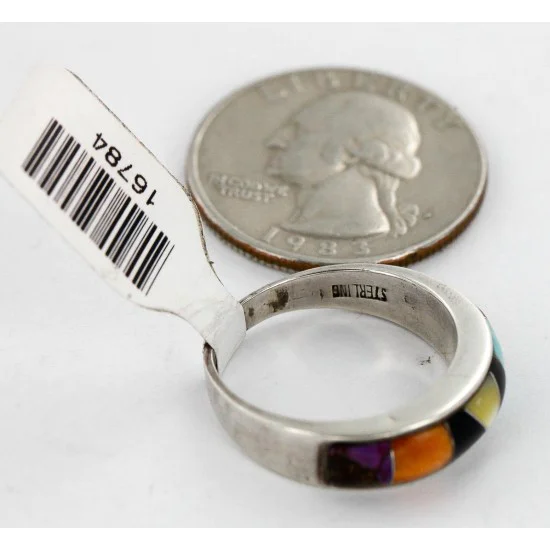 Handmade Navajo Inlaid .925 Sterling Silver Natural Turquoise Black Onyx Spiny Oyster and Mother of Pearl Native American Ring 16784 Handmade Navajo Inlaid .925 Sterling Silver Natural Turquoise Black Onyx Spiny Oyster and Mother of Pearl Native American Ring 16784
