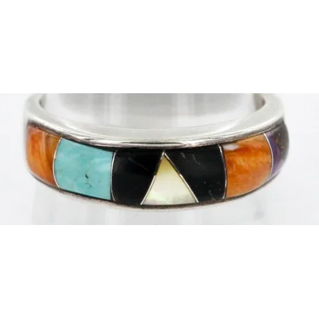 Handmade Navajo Inlaid .925 Sterling Silver Natural Turquoise Black Onyx Spiny Oyster and Mother of Pearl Native American Ring 16784 Handmade Navajo Inlaid .925 Sterling Silver Natural Turquoise Black Onyx Spiny Oyster and Mother of Pearl Native American Ring 16784