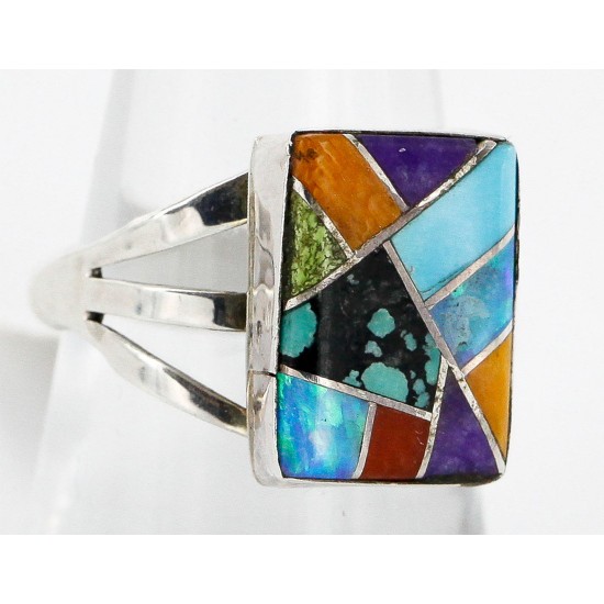 Handmade Certified Authentic Signed Navajo Inlaid .925 Sterling Silver Turquoise Multicolor Stones Native American Ring  12639