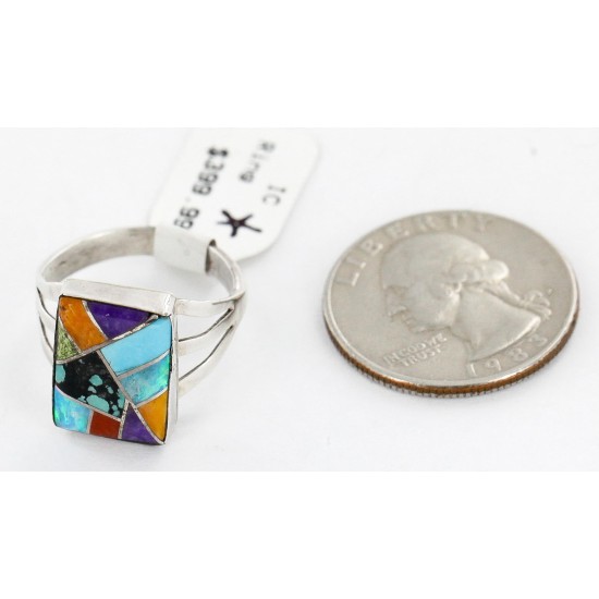 Handmade Certified Authentic Signed Navajo Inlaid .925 Sterling Silver Turquoise Multicolor Stones Native American Ring  12639