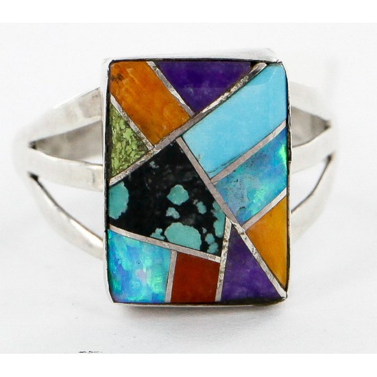 Handmade Certified Authentic Signed Navajo Inlaid .925 Sterling Silver Turquoise Multicolor Stones Native American Ring  12639