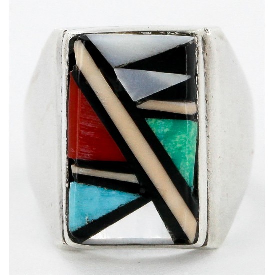Handmade Certified Authentic Zuni Signed .925 Sterling Silver Inlaid Natural Turquoise Black Onyx and Mother of Pearl Multicolor Native American Ring  16143