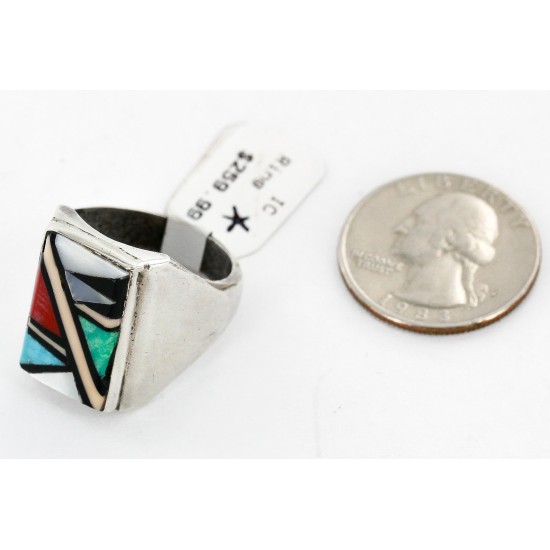 Handmade Certified Authentic Zuni Signed .925 Sterling Silver Inlaid Natural Turquoise Black Onyx and Mother of Pearl Multicolor Native American Ring  16143