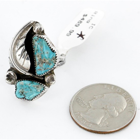 Handmade Certified Authentic Signed Carved Flower Navajo .925 Sterling Silver Natural Turquoise Native American Ring  16502