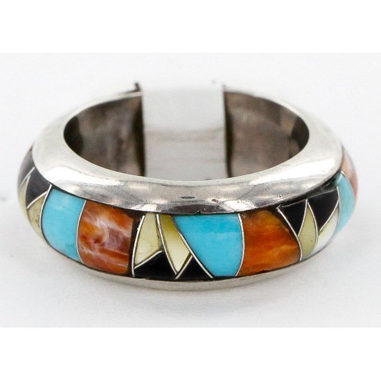 Handmade Signed Certified Authentic Navajo Inlaid .925 Sterling Silver Natural Turquoise Black Onyx Spiny Oyster and Mother of Pearl Native American Ring  16710
