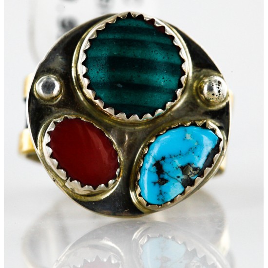 .925 Sterling Silver and 12kt Gold Filled Handmade Certified Authentic Navajo Multi color Native American Ring  12691-4