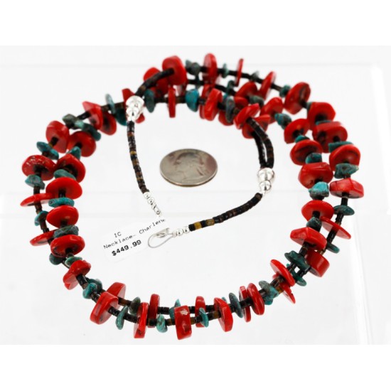 Certified Authentic 2 Strand Navajo .925 Sterling Silver Natural Turquoise and Coral Native American Necklace 750175 Certified Authentic 2 Strand Navajo .925 Sterling Silver Natural Turquoise and Coral Native American Necklace 750175