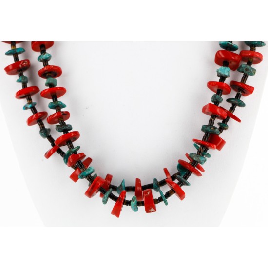Certified Authentic 2 Strand Navajo .925 Sterling Silver Natural Turquoise and Coral Native American Necklace 750175 Certified Authentic 2 Strand Navajo .925 Sterling Silver Natural Turquoise and Coral Native American Necklace 750175