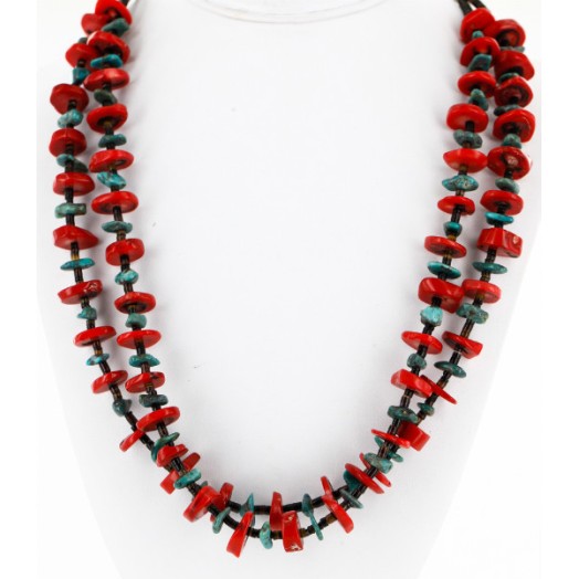 Certified Authentic 2 Strand Navajo .925 Sterling Silver Natural Turquoise and Coral Native American Necklace 750175 Certified Authentic 2 Strand Navajo .925 Sterling Silver Natural Turquoise and Coral Native American Necklace 750175