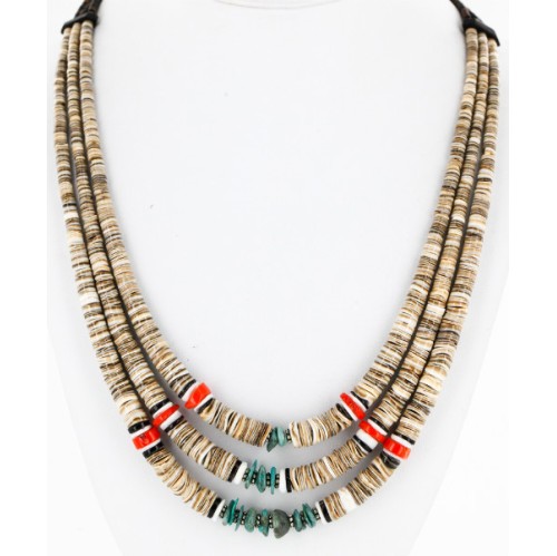 3 Strand Certified Authentic Navajo .925 Sterling Silver Turquoise Coral Spiny Oyster and Graduated Heishi Native American Necklace 15931-7
