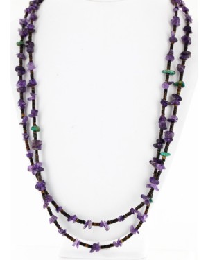 Certified Authentic 2 Strand Navajo .925 Sterling Silver Turquoise and AMETHYST Native American Necklace 16011