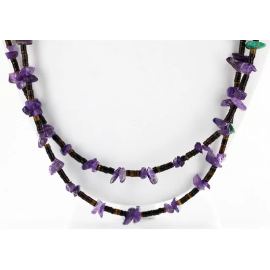 2 Strand Navajo .925 Sterling Silver Turquoise and AMETHYST Native American Necklace 16011