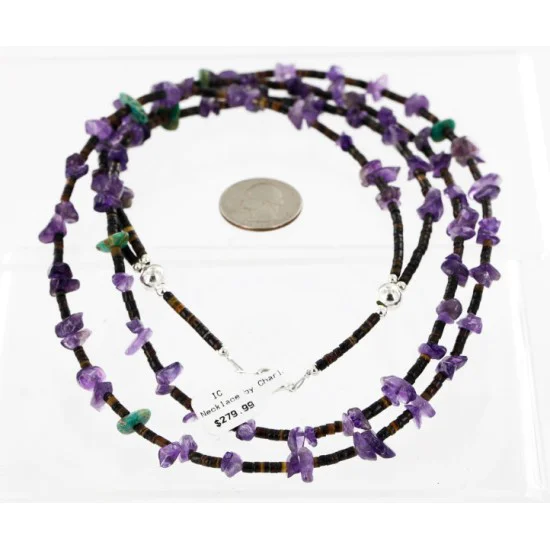 2 Strand Navajo .925 Sterling Silver Turquoise and AMETHYST Native American Necklace 16011