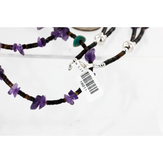 Certified Authentic 2 Strand Navajo .925 Sterling Silver Turquoise and AMETHYST Native American Necklace 16011
