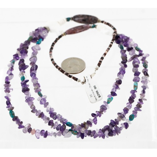 Certified Authentic 3 Strand Navajo .925 Sterling Silver Turquoise and AMETHYST Native American Necklace 15941