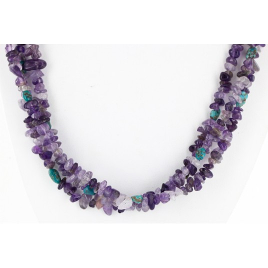 Certified Authentic 3 Strand Navajo .925 Sterling Silver Turquoise and AMETHYST Native American Necklace 15941