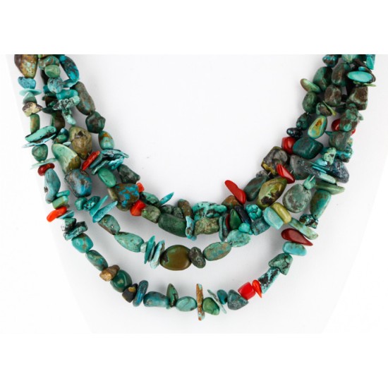 Certified Authentic 4 Strand Navajo .925 Sterling Silver and Turquoise and Coral Native American Necklace 15958