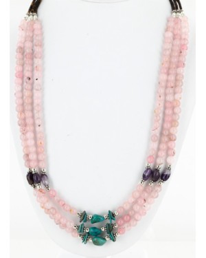 Certified Authentic 3 Strand Navajo .925 Sterling Silver Turquoise Pink Quartz and Amethyst Native American Necklace 750168