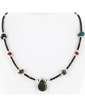 Certified Authentic Navajo .925 Sterling Silver Natural Turquoise and Coral Drop Native American Necklace 750172