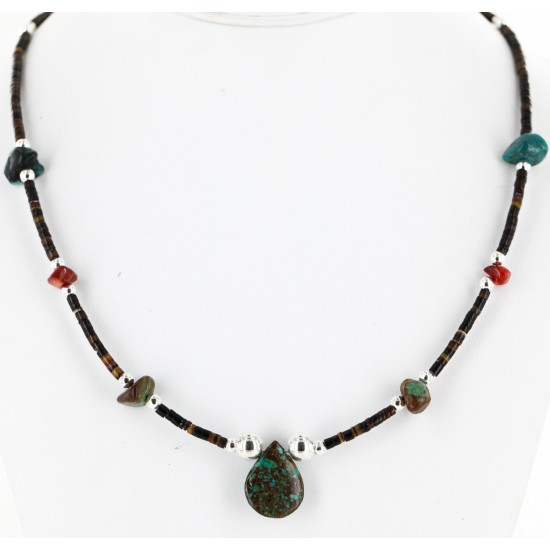 Certified Authentic Navajo .925 Sterling Silver Natural Turquoise and Coral Drop Native American Necklace 750172