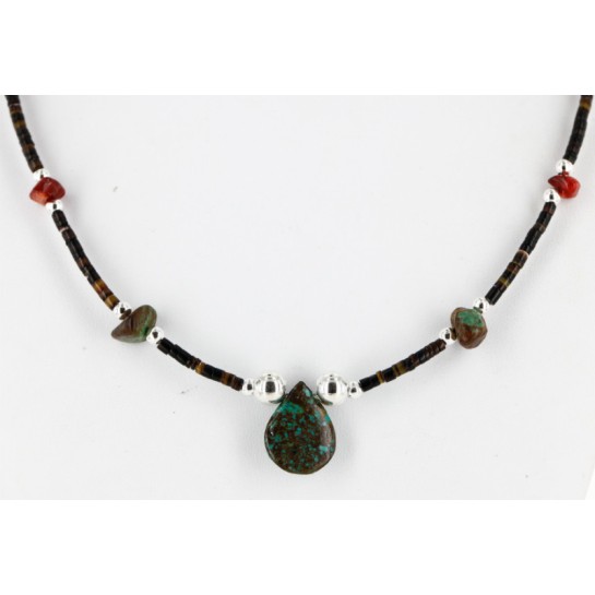 Certified Authentic Navajo .925 Sterling Silver Natural Turquoise and Coral Drop Native American Necklace 750172