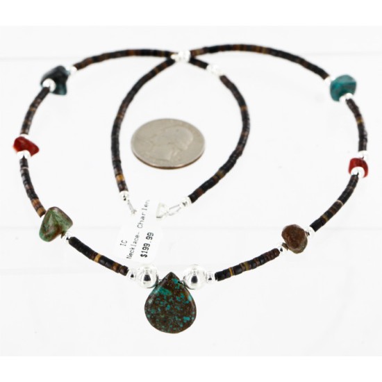 Certified Authentic Navajo .925 Sterling Silver Natural Turquoise and Coral Drop Native American Necklace 750172