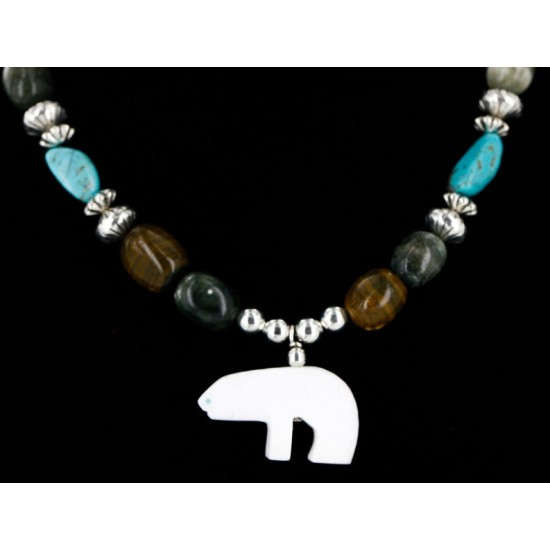 Carved Bear Certified Authentic Navajo .925 Sterling Silver Agate Turquoise Native American Necklace 750177