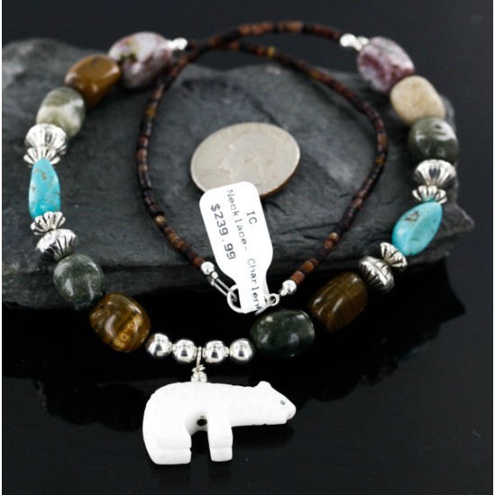 Carved Bear Certified Authentic Navajo .925 Sterling Silver Agate Turquoise Native American Necklace 750177