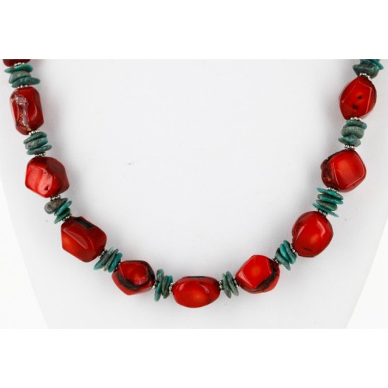 Certified Authentic Navajo .925 Sterling Silver Natural Turquoise Coral Native American Necklace 15998