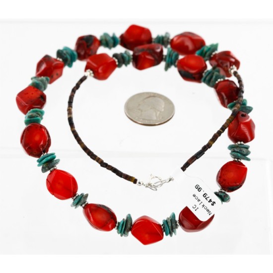 Certified Authentic Navajo .925 Sterling Silver Natural Turquoise Coral Native American Necklace 15998
